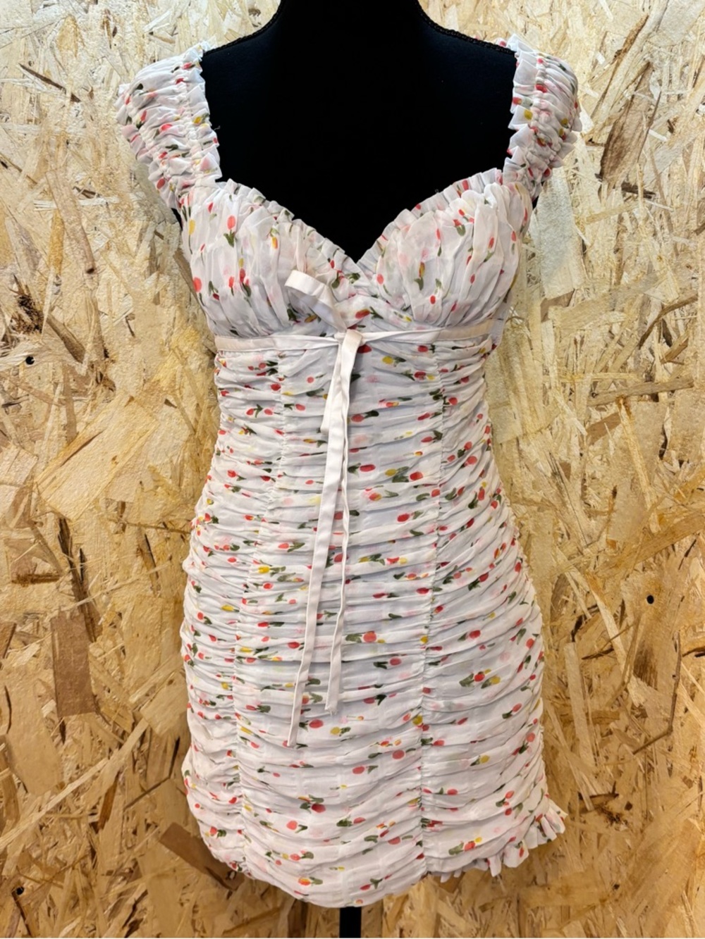 For Love & Lemons Ruched Mini Dress – Strawberry Print Cottagecore – XS/XXS NWT
